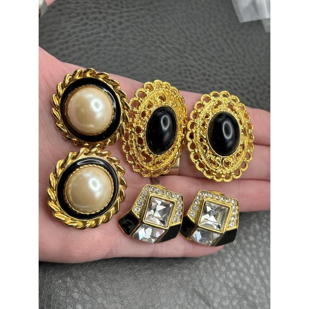 Vintage Park Lane Lot 3 Pairs Clip-On Earrings Black Enamel Pearl Rhinestone